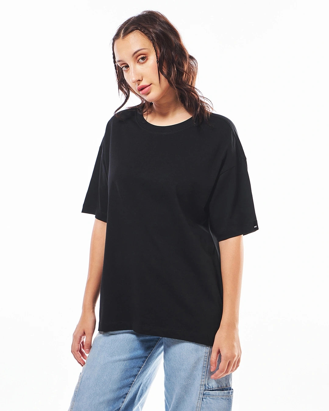 Women's Round Neck Oversized Drop Shoulder Black T-Shirt