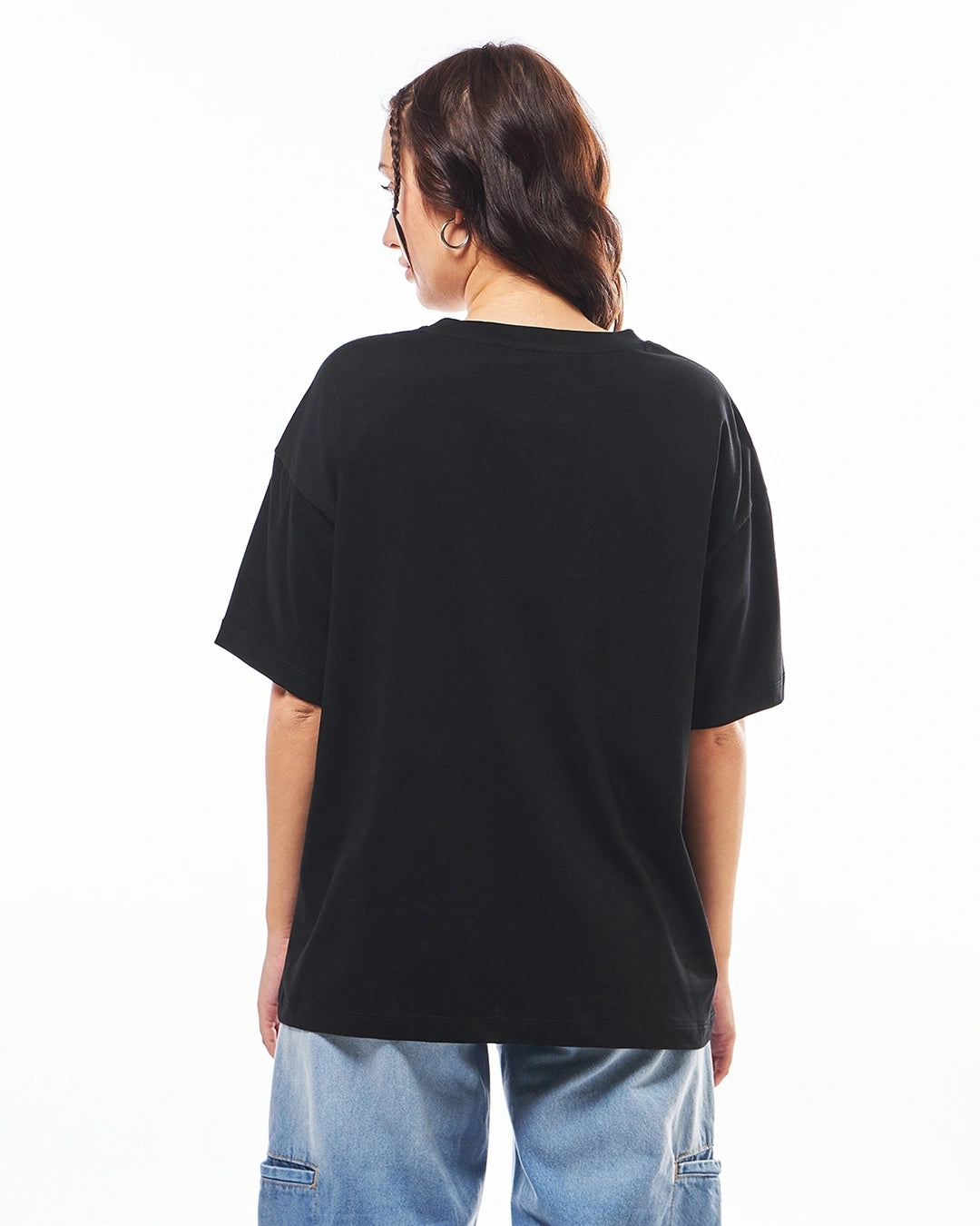 Women's Round Neck Oversized Drop Shoulder Black T-Shirt