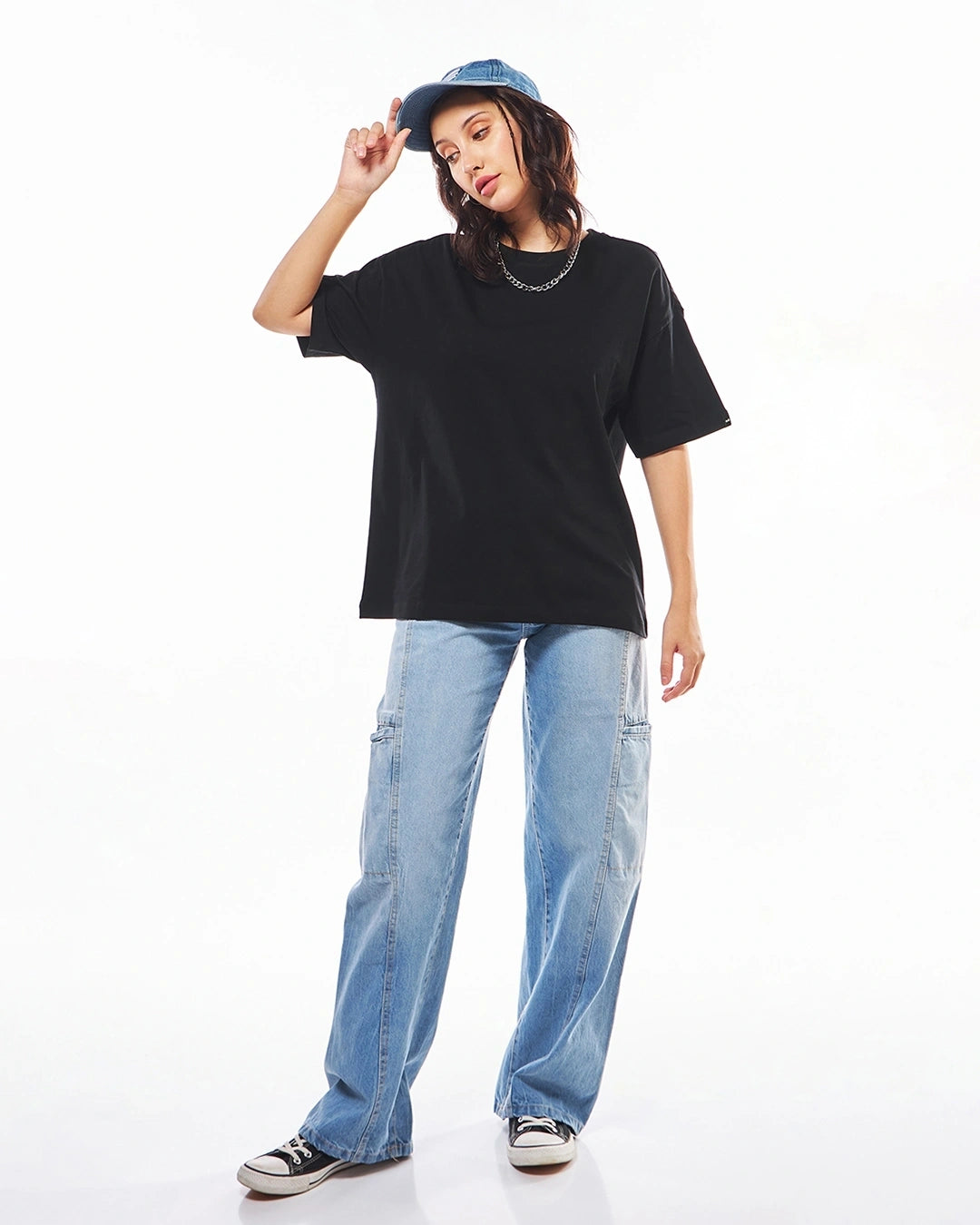 Women's Round Neck Oversized Drop Shoulder Black T-Shirt