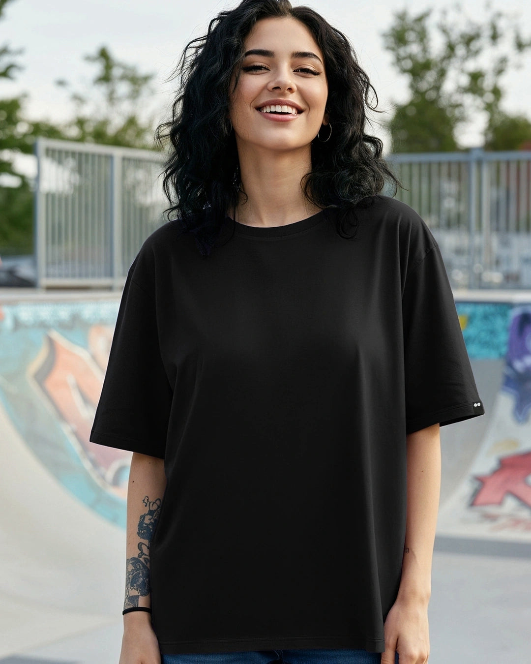Women's Round Neck Oversized Drop Shoulder Black T-Shirt